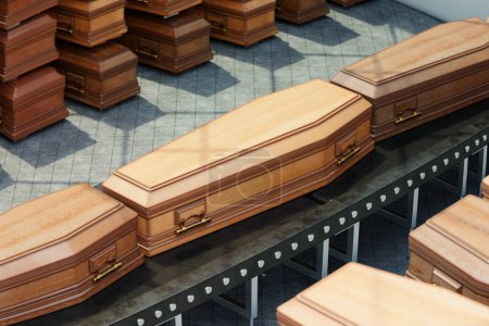 Särge auf einem Förderband am Flughafen. Die düstere Szene zeigt den Transport des Verstorbenen von einem Ort zum anderen. Beerdigung, Trauerfeier. Holzsärge gestapelt.