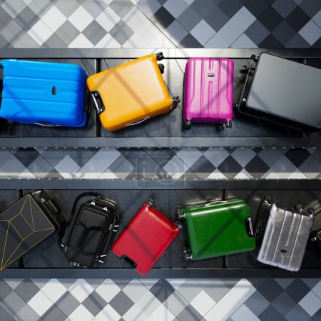 Foto de Una cinta transportadora de equipaje en una terminal del aeropuerto que transporta bolsas coloridas de varios tamaños y formas. Los viajeros ahora pueden confiar en una tecnología conveniente y eficiente para manejar su equipaje con facilidad - Imagen libre de derechos