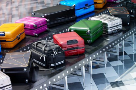 Foto de Una cinta transportadora de equipaje en una terminal del aeropuerto que transporta bolsas coloridas de varios tamaños y formas. Los viajeros ahora pueden confiar en una tecnología conveniente y eficiente para manejar su equipaje con facilidad - Imagen libre de derechos