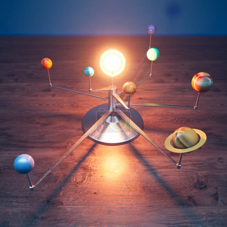 Téléchargez les photos : Jouet Modèle de système solaire debout sur un bureau dans une pièce. Les huit planètes sur les bras tournants tournant autour de l'ampoule lumineuse imitant le Soleil. Parfait à des fins éducatives. - en image libre de droit