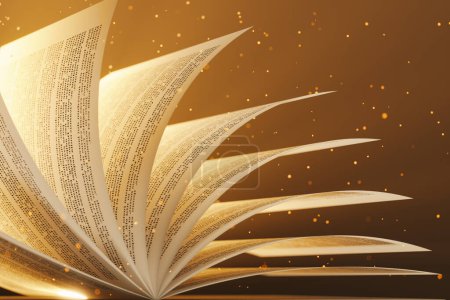 Photo for Beautiful picture of the page-turning of a book surrounded by mist and a warm light falling on it. Symbolizing a book as the never-ending stream of knowledge, wisdom, and magic. Glowing particles. - Royalty Free Image