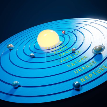 Téléchargez les photos : Modèle de système solaire jouet. Les huit planètes sur orbite ronde tournent autour de l'ampoule orange imitant le Soleil. Disques bleus. Parfait à des fins éducatives. Planètes étiquetées. - en image libre de droit