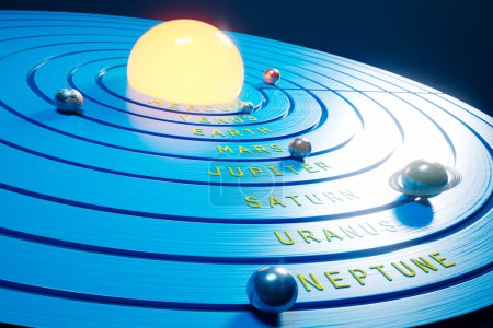 Toy Solar system model. All eight planets on round orbits rotate around the orange light bulb imitating the Sun. Blue disks. Perfect for educational purposes. Planets labeled.