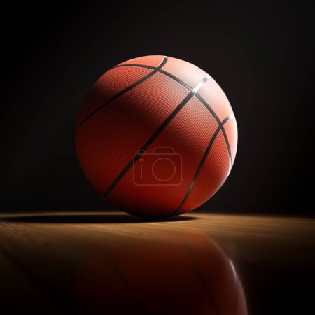 Photo for View at basketball court. A camera focused on a ball lying on wooden glossy parquet. Foggy immersive lighting. Highlighted lines. Before the competition. Climatic sports event tournament. - Royalty Free Image