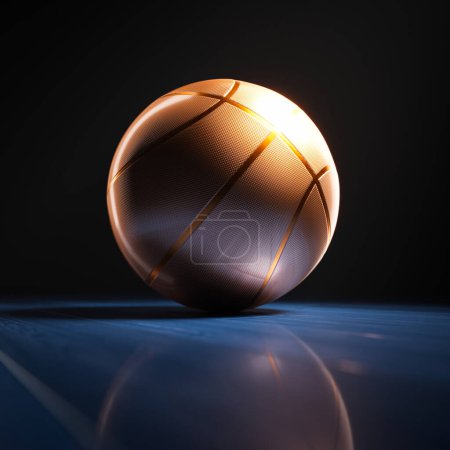 Photo for View at golden basketball court. A camera focused on a ball lying on blue glossy parquet. Foggy immersive lighting. Highlighted lines. Before the competition. Climatic sports event tournament. - Royalty Free Image