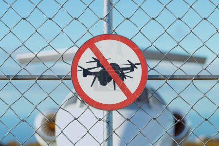 Photo for An image depicts a 'No Drone' sign on a fence surrounding an airport, serving as a warning for unauthorized aerial vehicles. The sign is clearly visible and readable. Importance of safety and security - Royalty Free Image