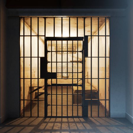 Téléchargez les photos : Une cellule de prison miteuse avec un lit usé, une petite table, une chaise et un lavabo contre le mur. L'atmosphère oppressive est palpable. La lumière jaune projette des ombres dures sur les murs de pierre rugueuse et le sol - en image libre de droit