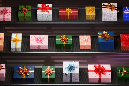 Photo for Countless beautiful, colourful gift boxes on a conveyor belt production line. The image presents in a factory being prepared for shipping. Christmas season preparations. - Royalty Free Image