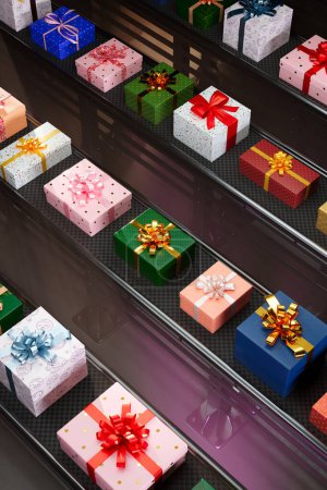 Photo for Countless beautiful, colourful gift boxes on a conveyor belt production line. The image presents in a factory being prepared for shipping. Christmas season preparations. - Royalty Free Image