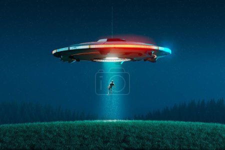 Photo for Extraterrestrial flying saucer kidnapping human over a grass field. Ufo hangs above the lonely man and shoots a bright light beam. Ray is taking him to the ship. Beautiful starry nights sky. - Royalty Free Image