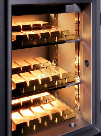 Armored safe that is filled to the brim with glowing, pure gold bars. The bright light emanating from the gold illuminates the entire room, signifying financial stability and abundance