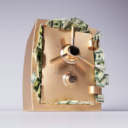 Eine 3D-Darstellung eines geschlossenen, goldenen Panzertresors, der bis zum Rand mit Papiergeldstapeln auf schlichtem weißem Hintergrund gefüllt ist. Perfekt für Finanz-, Banken- oder Sicherheitskonzepte