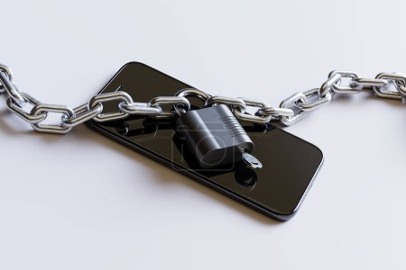 Téléchargez les photos : Un smartphone protégé par un cadenas et une chaîne symbolise l'importance de la sécurité des appareils à l'ère numérique. Avec la dépendance croissante à la technologie mobile et à Internet - en image libre de droit