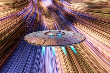 Extraterrestrial flying saucer travelling through a colourful star tunnel. Extreme speed. Futuristic alien spaceship technology. UAP hyperspace travel. Mystery vehicle. Gravity booster acceleration.