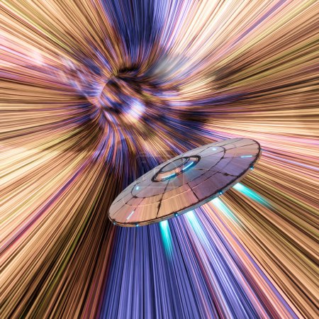 Extraterrestrial flying saucer travelling through a colourful star tunnel. Extreme speed. Futuristic alien spaceship technology. UAP hyperspace travel. Mystery vehicle. Gravity booster acceleration.