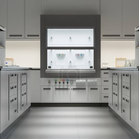 The interior of a specialistic laboratory. Containing clean room, which is a sterile place for conducting complicated experiments. Lab glassware, microscopes, safety goggles. Cleanliness and safety