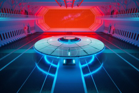 Téléchargez les photos : Soucoupe volante en métal blanc debout dans un hangar extraterrestre futuriste lumineux, champ de force rouge. UAP attend l'invasion de la Terre. Entretien des vaisseaux spatiaux ovnis après la bataille. - en image libre de droit