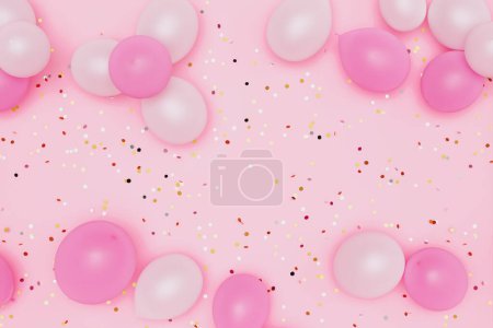 Photo for Pastel pink and pearl balloons lying on the bright pink floor covered by golden glitter or confetti. Perfect template for birthdays, anniversary celebrations, carnivals, special occasions, and parties - Royalty Free Image