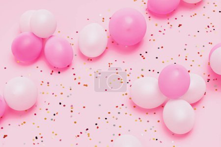 Téléchargez les photos : Ballons rose pastel et perle couchés sur le sol rose vif recouvert de paillettes dorées ou de confettis. Modèle parfait pour les anniversaires, les fêtes d'anniversaire, les carnavals, les occasions spéciales et les fêtes - en image libre de droit