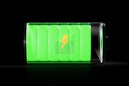 Téléchargez les photos : Une batterie rechargeable vide en métal et en verre accumule de l'énergie. Le niveau de puissance a montré que les cellules vertes augmentent. Indicateur d'icône d'éclairage jaune montrant le processus de charge - en image libre de droit