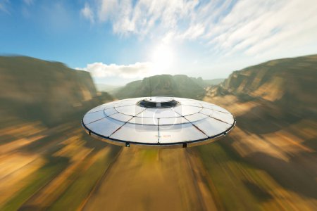 Extraterrestrial spacecraft (UFO) flying over a vast landscape with extreme speed during clear weather. Camera mounted on an alien flying saucer. Earth invasion inbound.  Futuristic transportation.