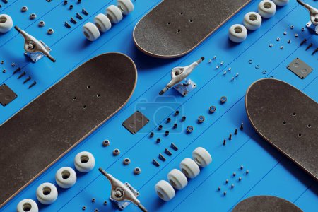 Countless disassembled skateboard parts lying on a blue floor.  Creative skate shop studio exposition. Professional extreme skating hardware. The skateboard wheels, trucks, bearings, deck, grip tape.