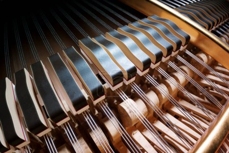 Ein Bild der Klavierhämmer, die eine entscheidende Komponente des Klaviers sind, und dieses Bild konzentriert sich auf die Schönheit ihrer komplizierten Konstruktion. Diese sind dafür verantwortlich, die Saiten anzuschlagen, um Klang zu erzeugen.