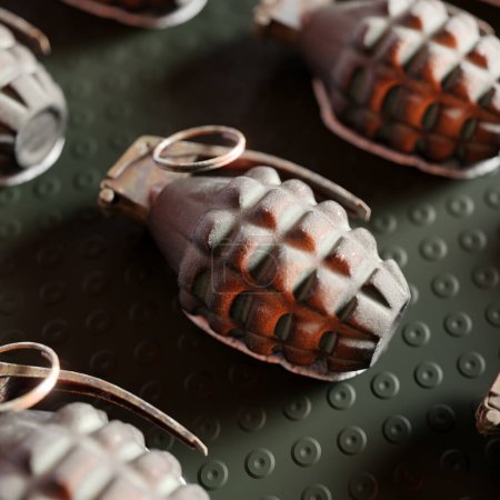 Photo for This image features a conveyor belt filled with hand frag grenades, a dangerous and deadly technology used in the military. The image is perfect for any project related to war, weapons, or technology - Royalty Free Image