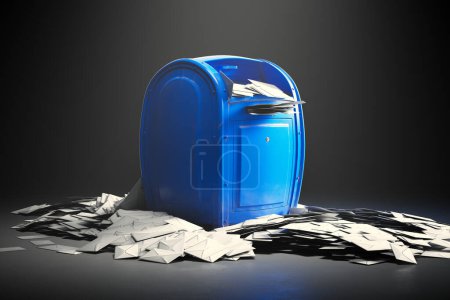 Huge overflow of mail envelopes stacked in a messy pile around a classic, blue mailbox standing in a spotlight. Too many letters arrived. Addressee not present. Mailman nightmare. Letters in limbo.