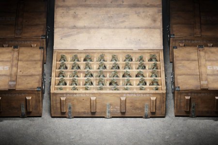 Boîtes militaires en bois remplies de grenades. Les conteneurs de munitions sont empilés les uns à côté des autres, chaque boîte contenant un nombre important de grenades. Une atmosphère sombre et graveleuse.