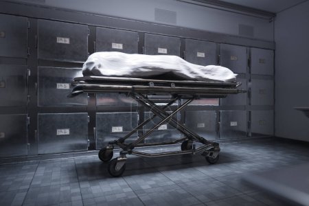 Photo for An image showcases the dead body covered with a white cloth in the morgue. Waiting for the funeral or dissection. The room is equipped with mortuary refrigerators, where human remains are cooled - Royalty Free Image