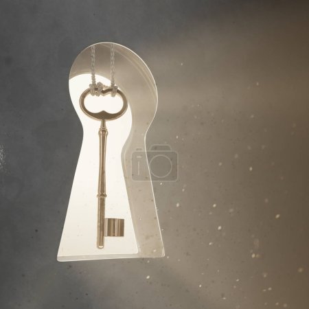 A mysterious golden key, hanging inside a keyhole. The golden key symbolizes unlocking untold treasures, secrets, and opportunities. The fog and particles add to its magical and mystical aura