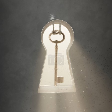 Photo for A mysterious golden key, hanging inside a keyhole. The golden key symbolizes unlocking untold treasures, secrets, and opportunities. The fog and particles add to its magical and mystical aura - Royalty Free Image