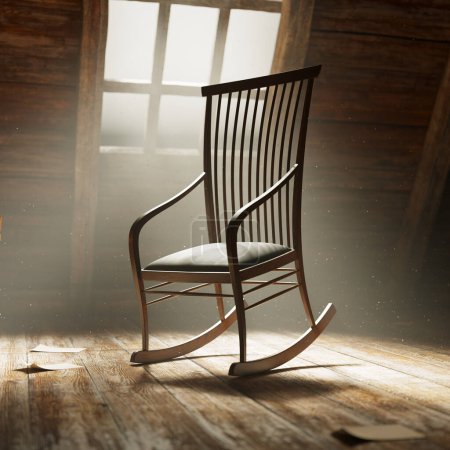Photo for A chair rocking in the middle of the old mystical attic. Sunlight penetrates the interior by the only framed window. Abandoned documents are waving on wind blows. Dust is highlighted by sun rays. - Royalty Free Image