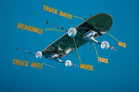 Elementos de monopatín desmontados flotando en el aire demostrando partes con sus nombres. Rodamientos, camiones, ruedas, pernos espaciadores y otros accesorios que se mueven a la cubierta y crean un vehículo de ruedas.