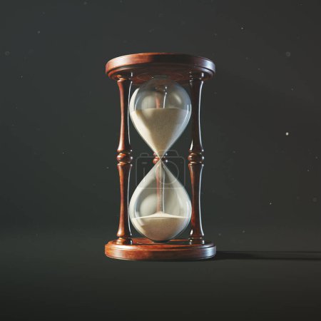 Photo for A picture of the wooden retro hourglass with falling sand inside a glass bulb measuring the passing of time. Concept of running out of time, countdown, deadline, urgency, aging process, awaiting - Royalty Free Image