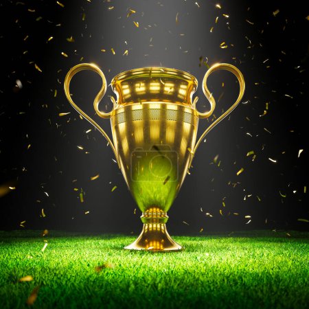 Photo for Close up of champion golden cap trophy placed on a grass against the stadium background. Shiny award in the spotlight with falling golden confetti. Concept of success, glory, achievement, victory. - Royalty Free Image