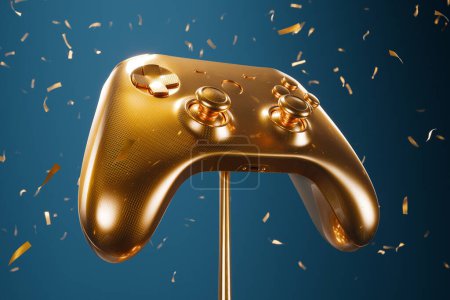 Photo for Precious golden gamepad trophy awarded for esport success. Win celebration with lots of confetti. Video game tournament won. 1st place award. Computer graphic. Happy day. Modern sportsman. - Royalty Free Image