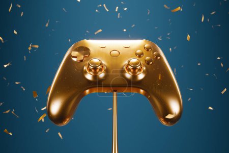 Precious golden gamepad trophy awarded for esport success. Win celebration with lots of confetti. Video game tournament won. 1st place award. Computer graphic. Happy day. Modern sportsman.