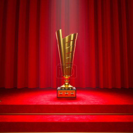 Tall, shiny, golden movie award standing in a glorious spotlight on the red carpet stairs with red velvet curtains in the background. Glamour entertainment event ceremony. Film industry event.