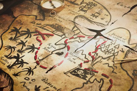 Photo for A funny hand-drawn ancient map with a path and point marked. The map contains drawings of a sailing pirate ship, a flag, palm trees, cannibal dancing near the pot, and a treasure chest full of gold - Royalty Free Image