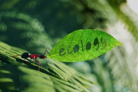Téléchargez les photos : Vue rapprochée d'une petite fourmi brune portant une feuille verte avec un mot écologique coupé en elle. Un arthropode travailleur dans l'environnement naturel. De minuscules insectes travaillent dans la forêt. L'équilibre de la nature - en image libre de droit
