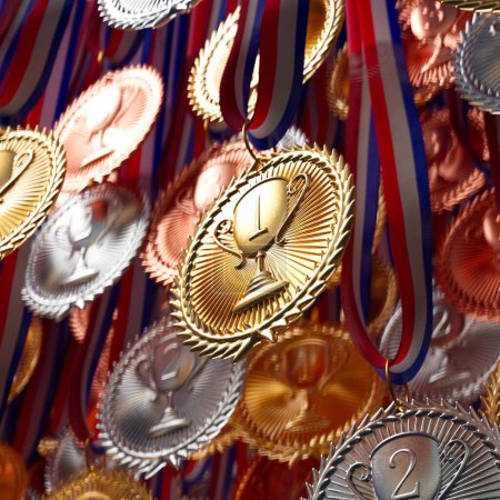Photo for Plenty of gold, silver and brown medals for winners. Set of prizes for champions. Shiny sports awards with ribbons. Symbol of winning competition, success, victory, triumph, achievement. Trophies. - Royalty Free Image