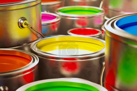 Photo for Countless opened aluminium cans with vivid, colorful paint inside stacked on the floor of a warehouse. Endless pattern of metal, cylindrical containers in looping animation.  Decorators heaven. - Royalty Free Image