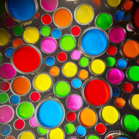 Foto de Innumerables latas de aluminio abiertas con pintura vívida y colorida en el interior apiladas en el suelo de un almacén. Patrón sin fin de metal, contenedores cilíndricos. Una colección vibrante de coloridas latas de pintura. - Imagen libre de derechos