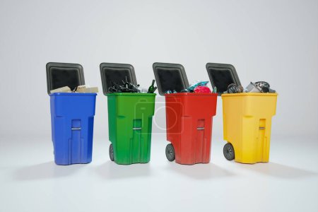 Téléchargez les photos : Une image des ordures triées dans les bons conteneurs. Une solution visuellement attrayante et écologique pour la gestion des déchets, contribuant à un environnement plus propre et plus vert. Papier, verre, plastique - en image libre de droit