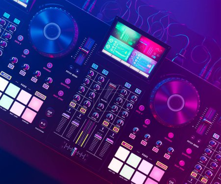 Foto de La imagen muestra un conjunto de DJ, todo bañado en el fascinante resplandor de las luces coloridas del club. Prepárate para experimentar los latidos pulsantes, los ritmos infecciosos y la energía estimulante - Imagen libre de derechos