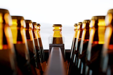 Photo for Glass bottles with liquid inside moving gradually in a factory pipeline. Beverage sealed for further pipeline steps. Countless bottles on a production line. Beer manufacturing process. Conveyor belt - Royalty Free Image