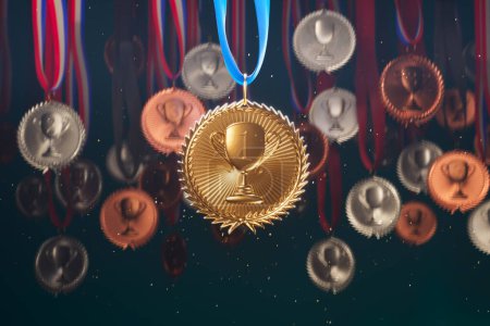 Photo for Gold medal for the top winner. First prize for a champion. Shiny sports award with ribbon. Symbol of winning competition, success, victory, championship, triumph, achievement. Trophies in a background - Royalty Free Image