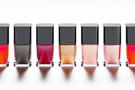 Photo for Vibrant nail polish bottles in an array of colors. Timeless fashion colors. Elegant glass bottles against a white background. Red, golden, nude nail varnish. Image captures the essence of modern women - Royalty Free Image